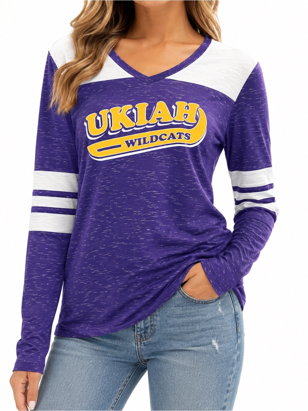 OhioPyle Ukiah Wildcats Long Sleeve V-Neck Tee NWT Size Small Purple